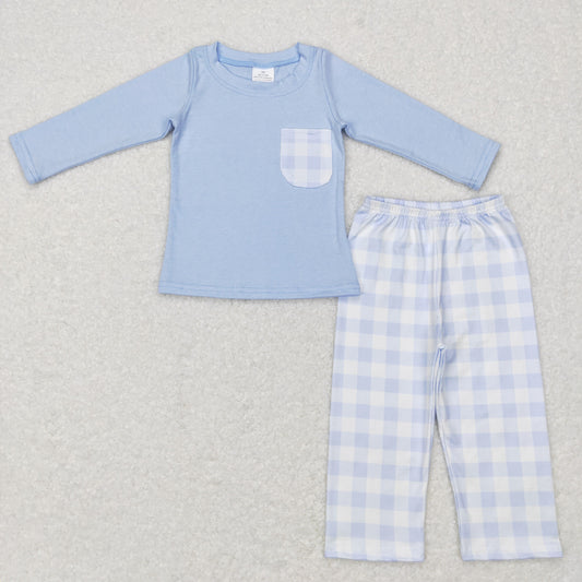BLP0407 Baby Boys Blue Long Sleeve Tops Checkered Pants Clothing Set