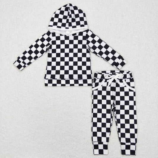 BLP0434 black and white plaid hooded long-sleeved trousers suit