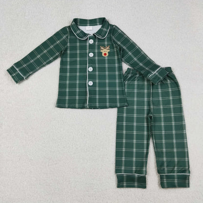 Embroidery Deer Mama and Me Green Checked Christmas Sleep Wear Pajamas Ruffle Dresses C10.23