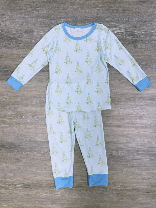 BLP0639 Baby Boys Christmas Tree Blue Bamboo Pajamas Clothes Set