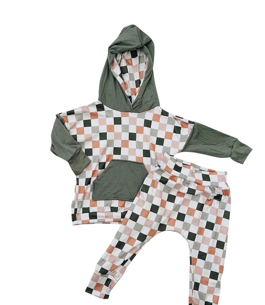 BLP0913 Baby Boys Checkered Hooded Tops Jogger Pants Clothes Sets Preorder