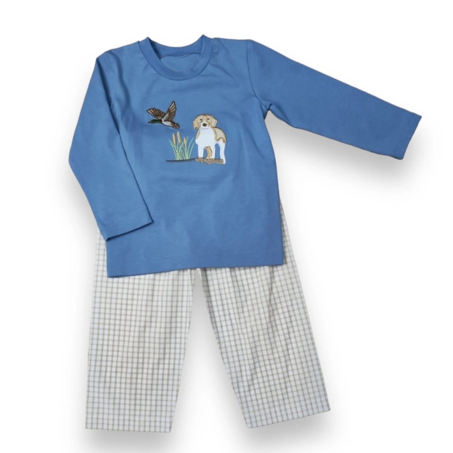 BLP0919 Baby Boys Blue Dog Duck Hunting Southern Tops Pants Clothes Sets Preorder