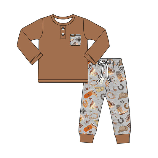 BLP0942 Baby Boys Western Brown Top Boots Hats Pants Clothes Sets Preorder