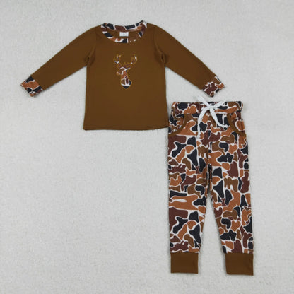 Sibling Baby Boys Embroidery Brown Camo Deer Pockets Pant Short Hunting Clothes Sets C12.6