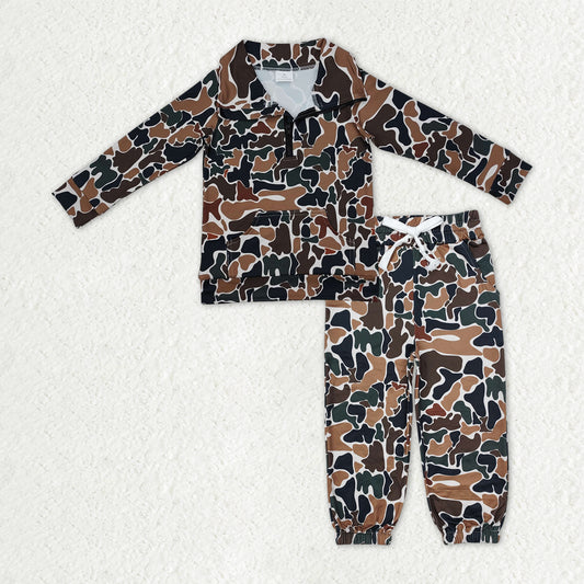 BT1038+P0650 Baby Boys Dark Brown Camo Long Sleeves Pocket Zipper Pullover Top Jogger Pants Clothes Set C10.14
