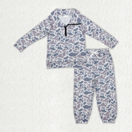 BT1041+P0651 Baby Boys Light Grey Camo Long Sleeves Pocket Zipper Pullover Top Jogger Pants Clothes Set C10.14