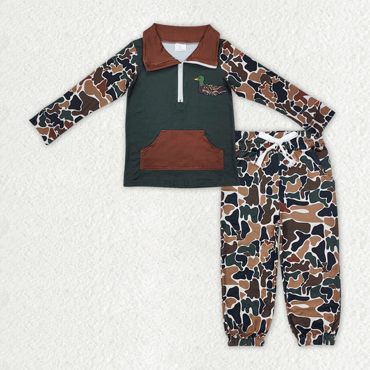BT0927+P0650 Embroidery Duck Baby Boys Dark Brown Camo Pocket Zipper Pullover Jogger Clothes Set C10.14
