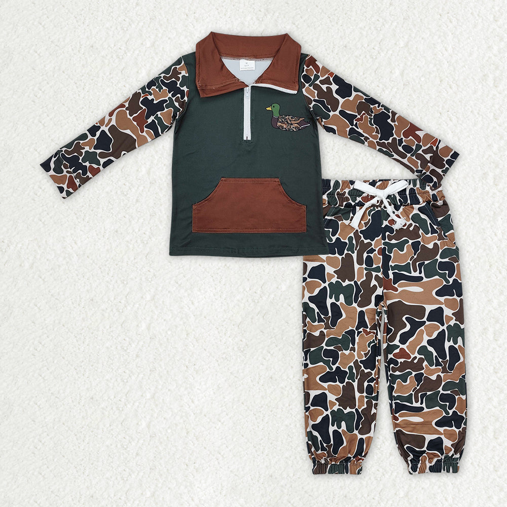 Sibling Baby Boys Camo Embroidery Mama's Boy Ducks Dogs Zipper Pullover Pockets Jogger Hunting Clothes Set C10.14