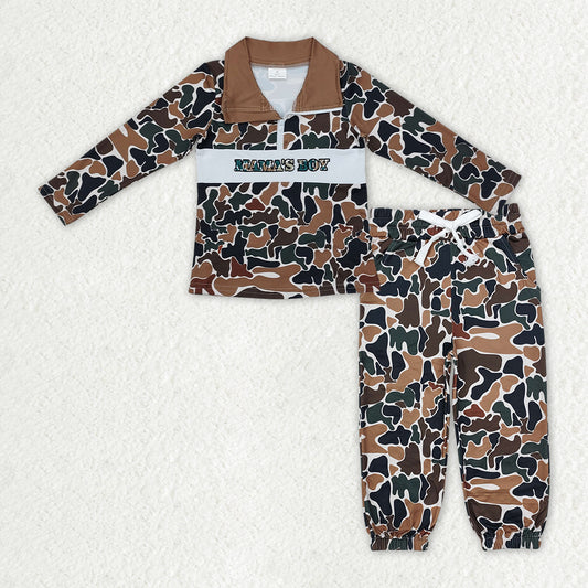 BT0973+P0650 Embroidery Mama's Boy Baby Boys Dark Brown Camo Zipper Pullover Pockets Jogger Clothes Set C10.14