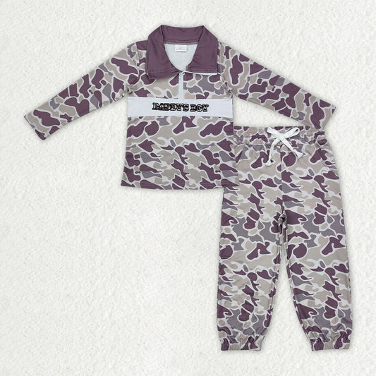 BT1001+P0652 Embroidery Mama's Boy Baby Boys Grey Camo Zipper Pullover Pockets Jogger Clothes Set C10.14