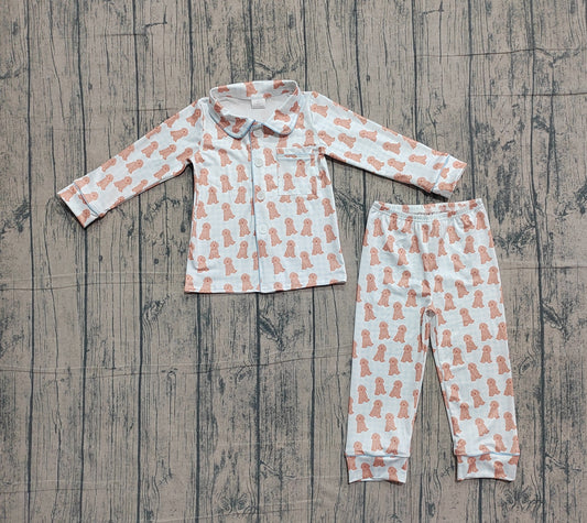 Sample BLP1408 Cute Baby Boys Blue Checked Dogs Button Pocket Top Pajamas Sets