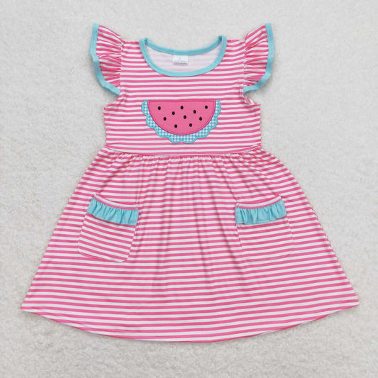 GSD0964 Embroidered watermelon rose red striped flysleeve dress