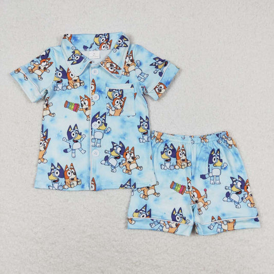 BSSO0817 Boys cartoon dog blue short sleeve shorts pajama set