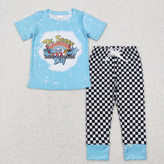 BSPO0177 Rainbow blue short-sleeved black and white plaid pants suit