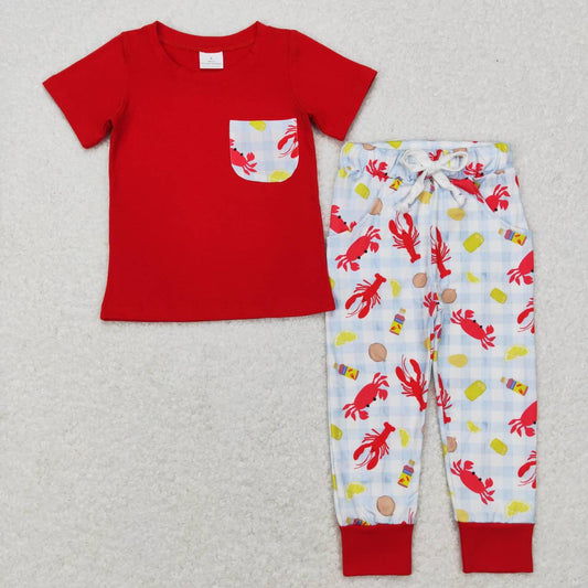 BSPO0189 Lobster Corn checkered pocket red short sleeve pants suit