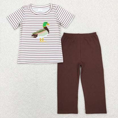 Sibling Baby Boys Girls Embroidery Ducks Stripe Top Hunting Clothes Sets Pant Rompers C11.1