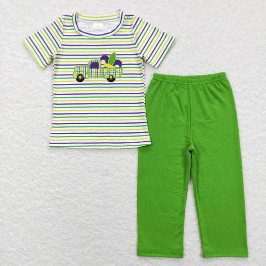 BSPO0215 Carnival Embroidered Truck Purple Green Yellow Striped Short Sleeve Green Suit
