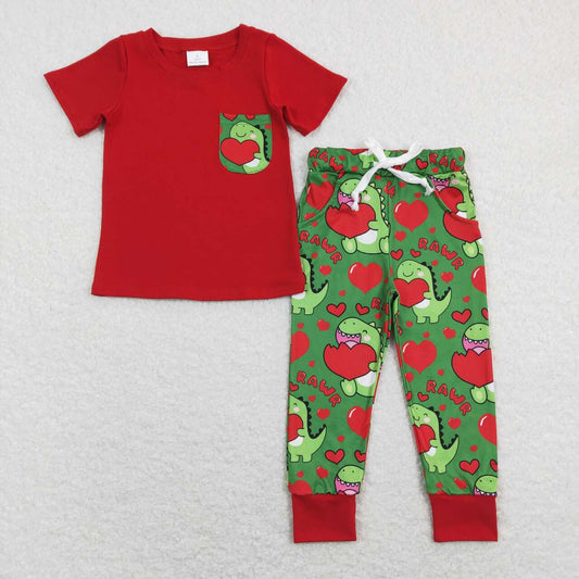 BSPO0229rawr Love Dinosaur Pocket Red Short Sleeve Green Pants Suit