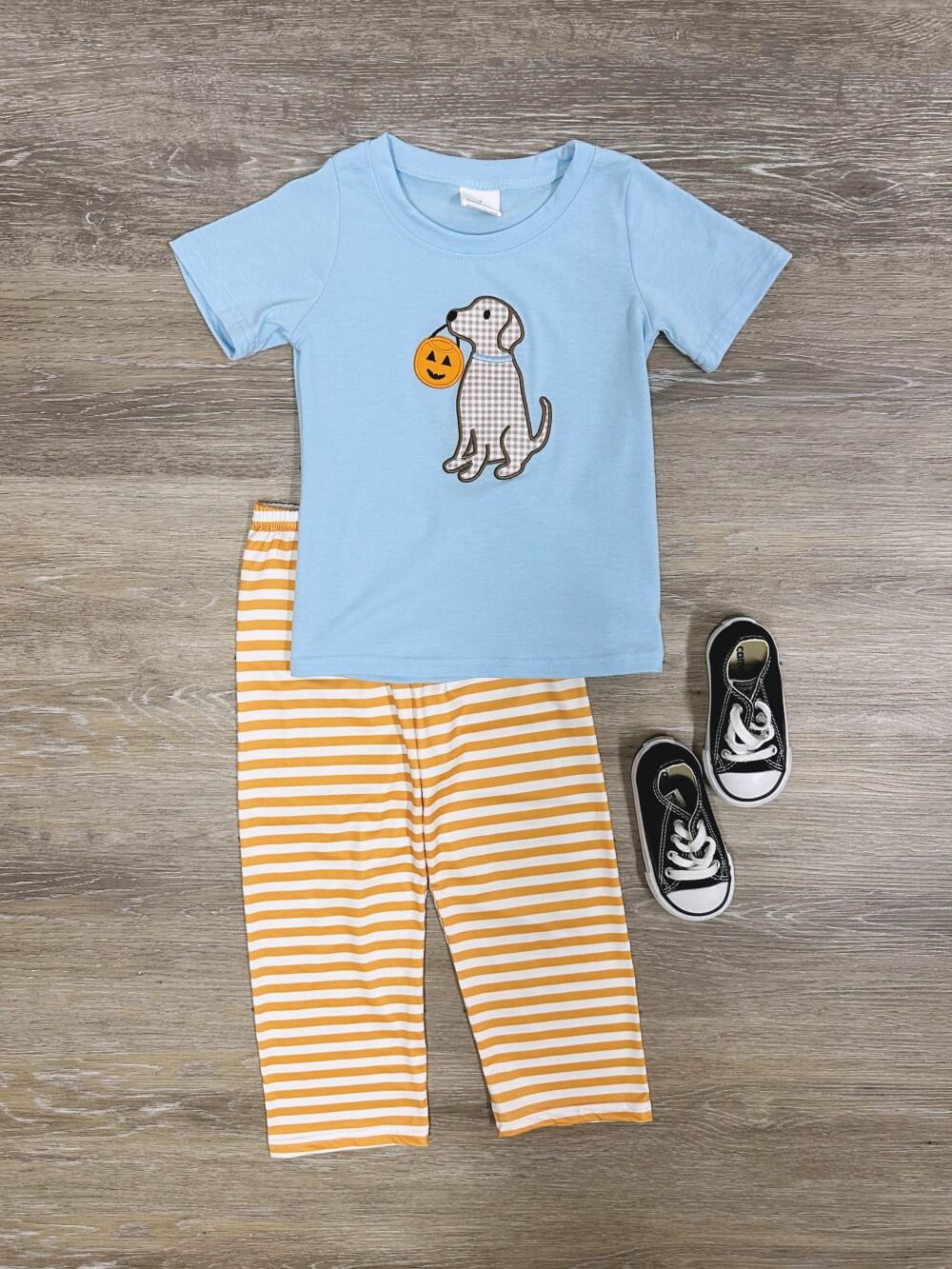 BSPO0391 Embroidered Baby Boys Blue Dog Halloween Pumpkin Shirt Pants Clothes Sets