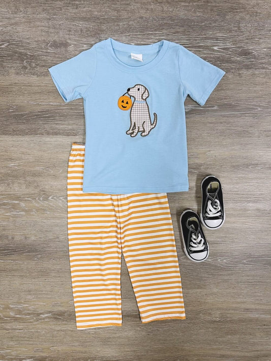 BSPO0391 Embroidered Baby Boys Blue Dog Halloween Pumpkin Shirt Pants Clothes Sets