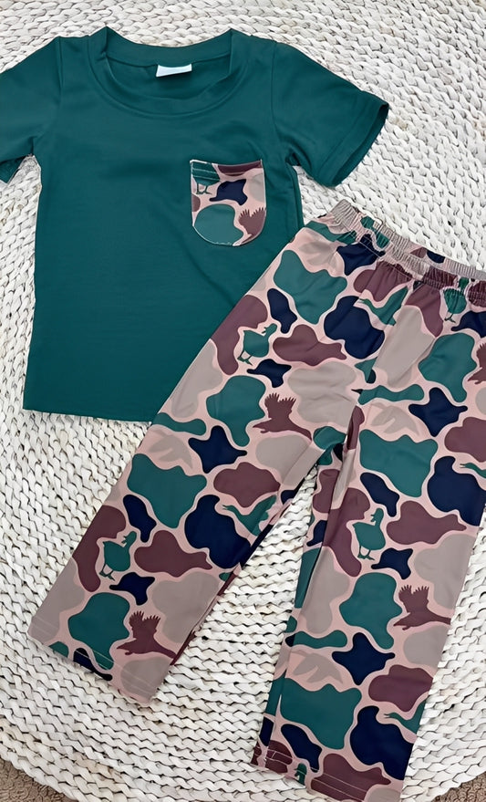 BSPO0413 Baby Boys Dark Green Pocket Top Duck Camo Pants Clothes Set