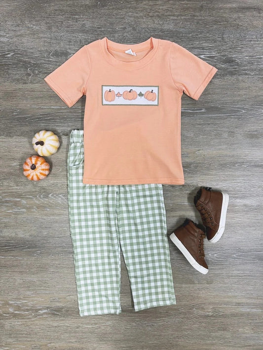 BSPO0451 Embroidered Baby Boys Orange Pumpkins Top Pants Outfits Clothes Set