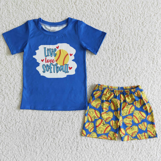 BSSO0020 Boys Blue Baseball Hearts Yellow short sleeve shorts set