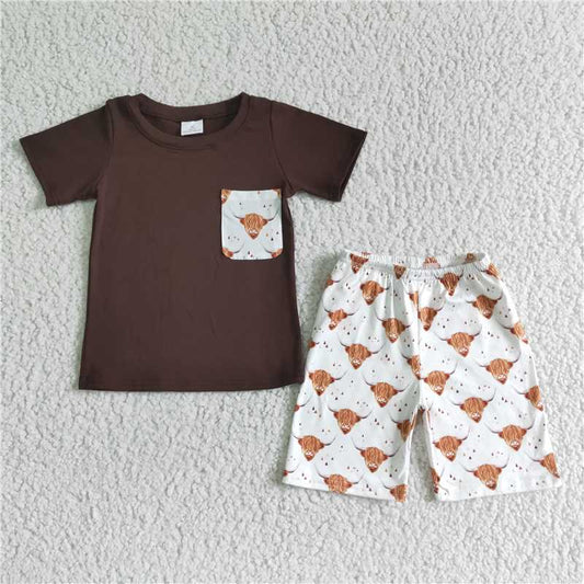 BSSO0032 Boys brown pocket short sleeve alpine bull shorts suit