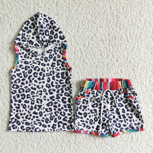 BSSO0060 Boy leopard print sleeveless hooded shorts suit