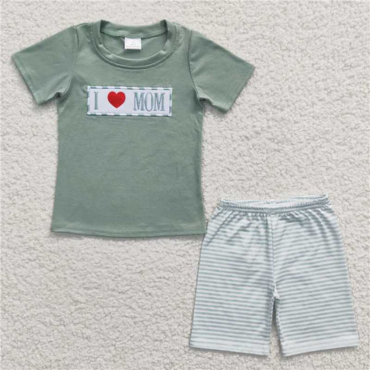 Boys and girls embroidered love MOM green short-sleeved shorts suit collection
