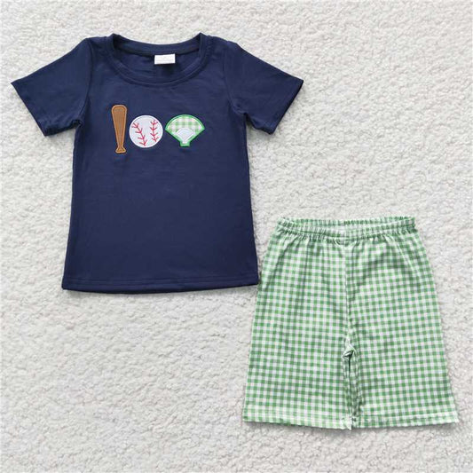 Boys and girls blue and pink embroidered baseball flying sleeves green plaid short-sleeved suit combination