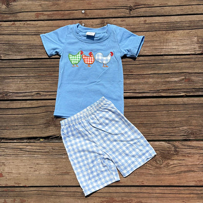 BSSO0201 Boys Embroidery Cock Blue Short sleeve plaid shorts cover