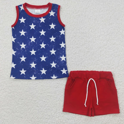 Sibling Baby Boys 4th Of July Stars Sleeveless Tee Shirts Shorts Sets 5.9
