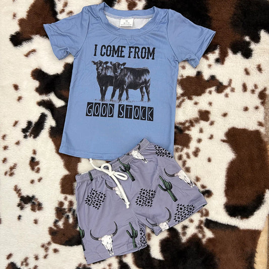 BSSO0240 Baby Boys Blue Cactus Western Cow Shorts Set