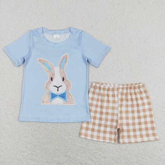 BSSO0292 Rabbit blue short-sleeved khaki plaid shorts suit