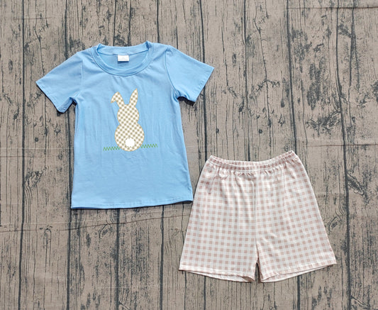 Sample BSSO0305 Cute Embroidery Rabbits Baby Boys Blue Shirt Checked Shorts Easter Clothes Sets