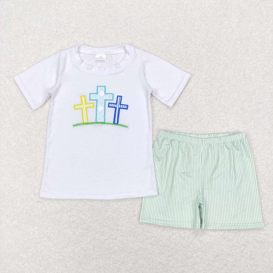 BSSO0337 Embroidery Cross White Short Sleeve Green Striped Shorts