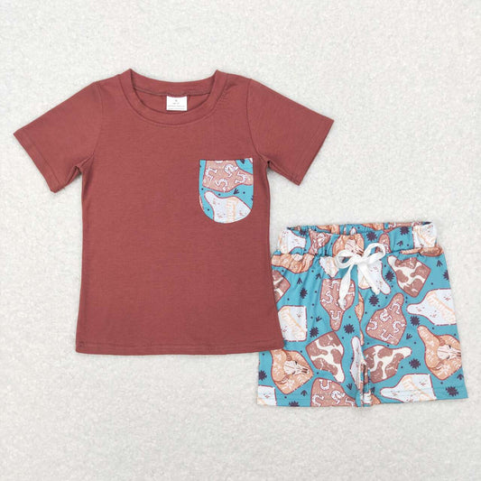 Sibling Baby Boys Western Cow Pocket Top Shorts Clothes Sets 4.15