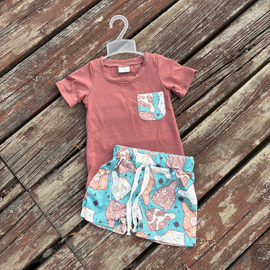 BSSO0348 Baby Boys Western Cow Tags Pocket Top Shorts Clothes Set