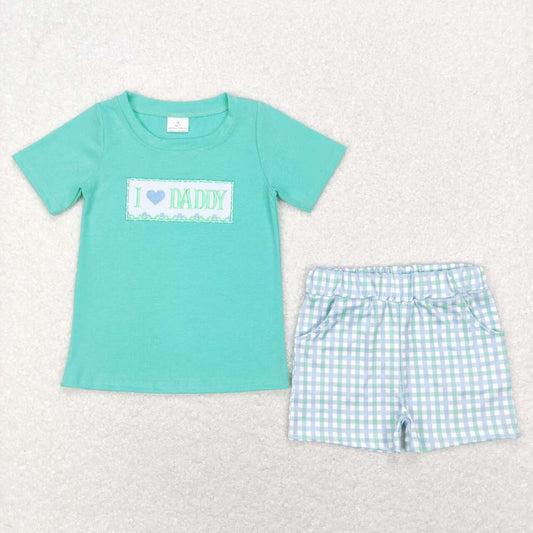 BSSO0406I love daddy embroidered letter short-sleeved blue, green and white short-sleeved shorts