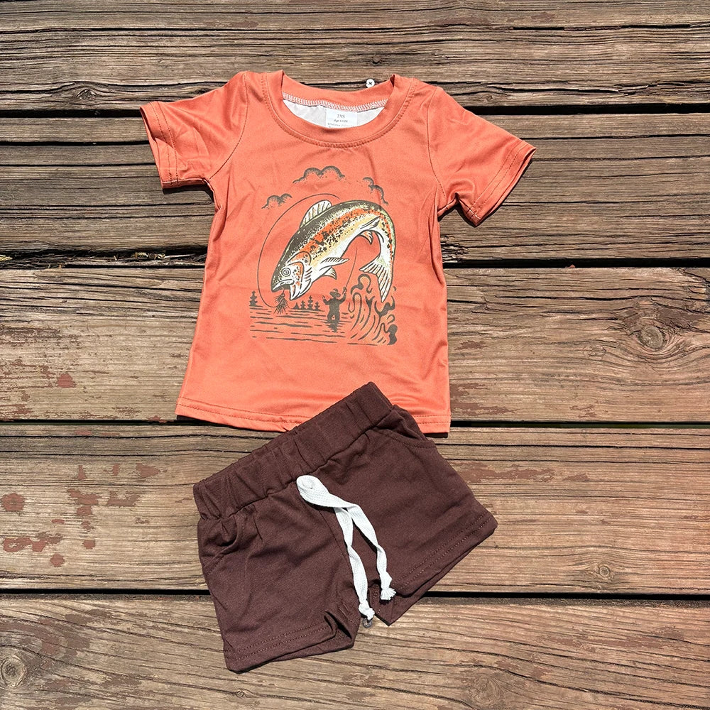 BT0507+SS0134 Baby Boys Orange Fishing Tee Shirts Brown Shorts Summer Clothes Set