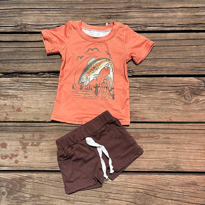 BT0507+SS0134 Baby Boys Orange Fishing Tee Shirts Brown Shorts Summer Clothes Set