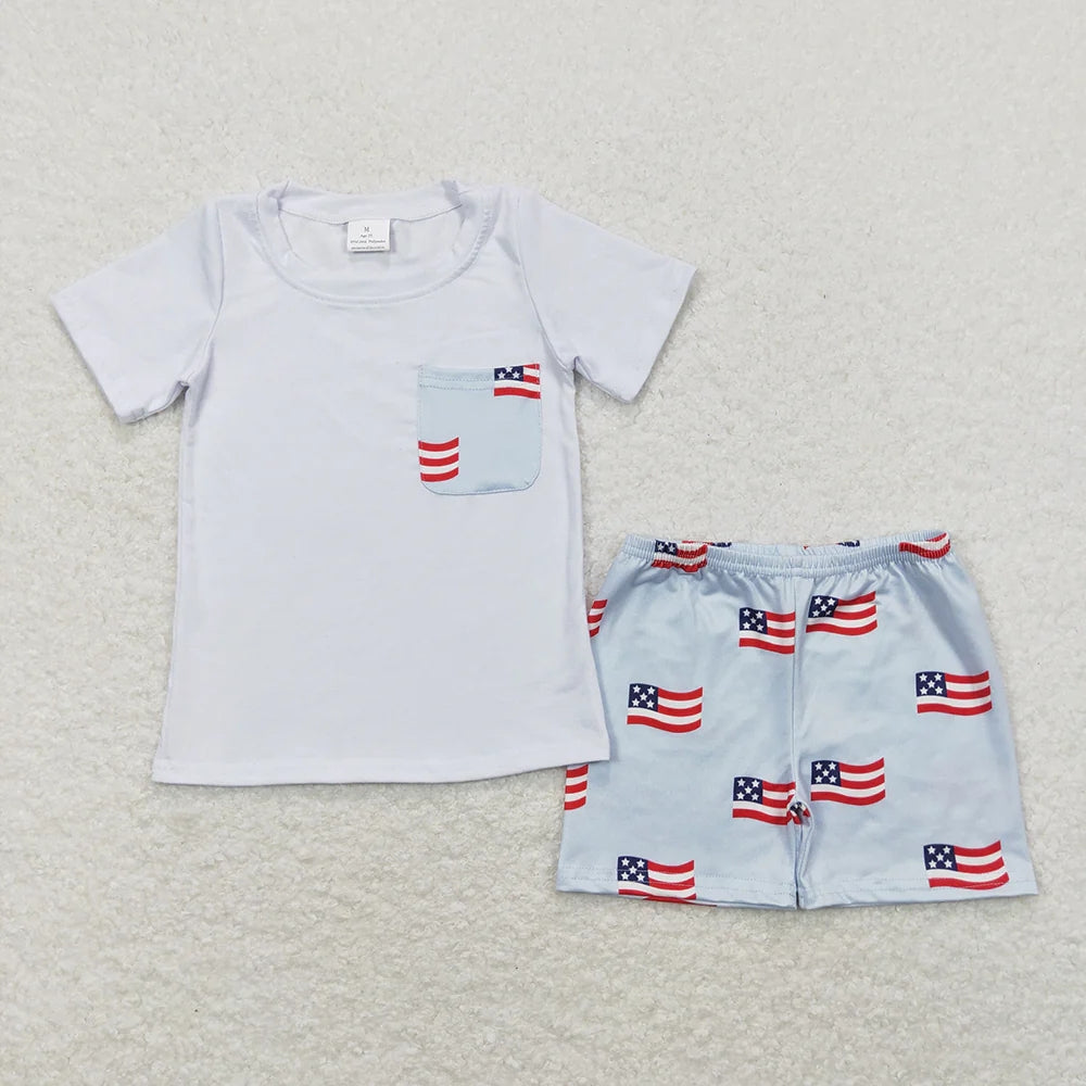2 Colors Sibling Baby Boys 4th of July Flags Pocket Shirts Shorts Outfits 4.15