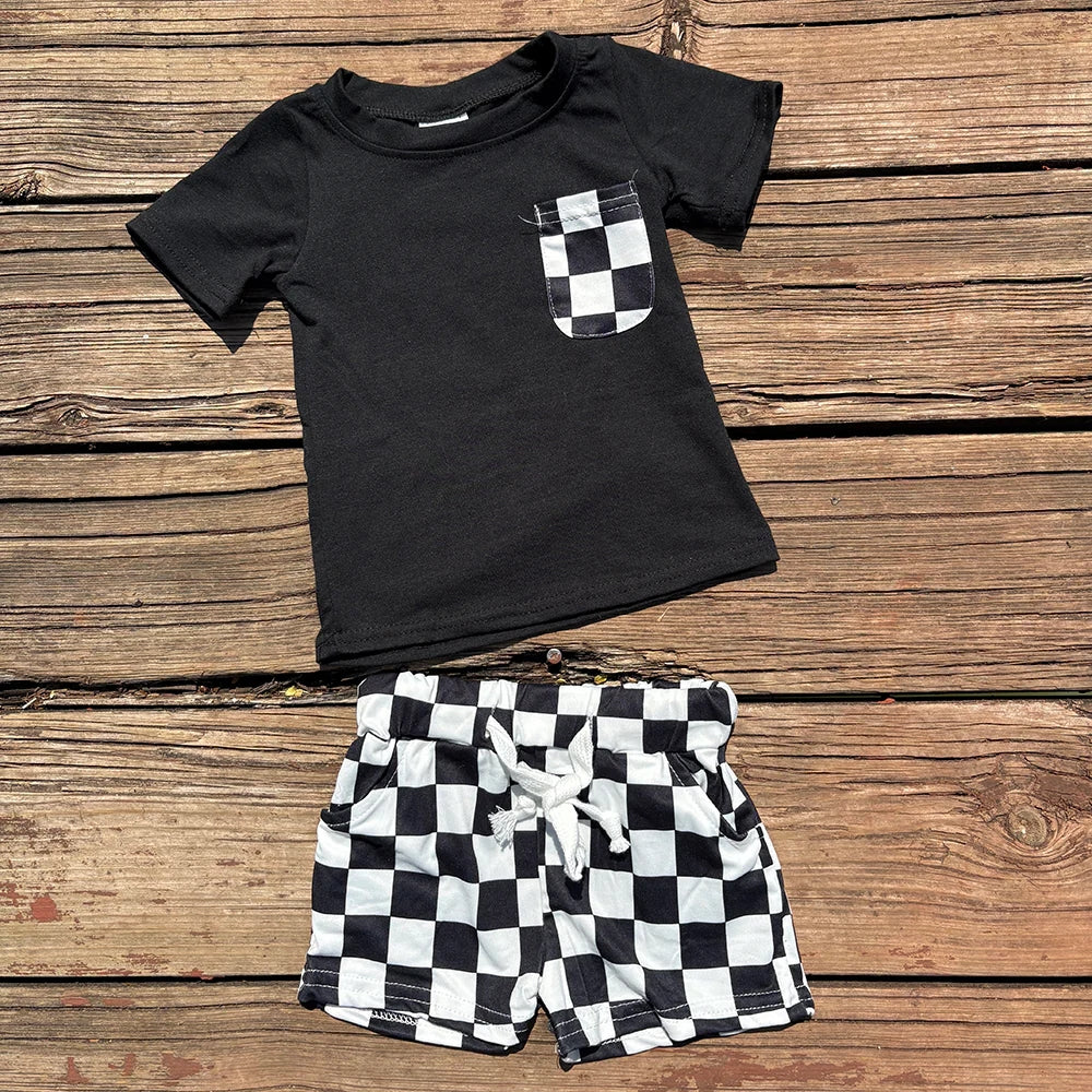 BSSO0852 Baby Boys Black Shirt Top Checkered Shorts Clothes Set