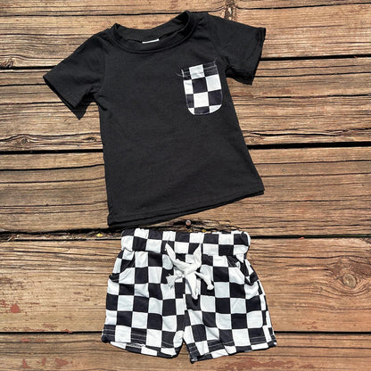 BSSO0852 Baby Boys Black Shirt Top Checkered Shorts Clothes Set