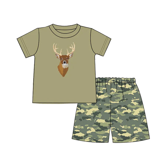 BSSO1167 Baby Boys Deer Short Sleeve Shirt Green Camo Shorts Clothes Sets Preorder