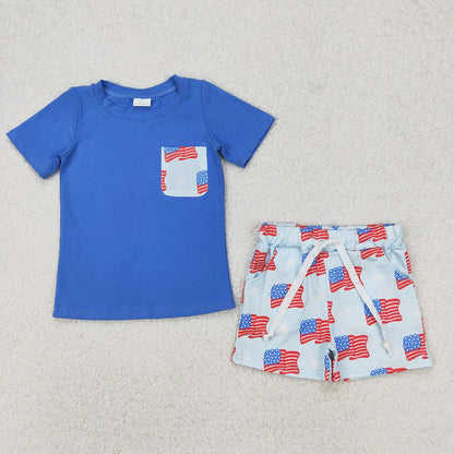 2 Colors Sibling Baby Boys 4th of July Flags Pocket Shirts Shorts Outfits 4.15