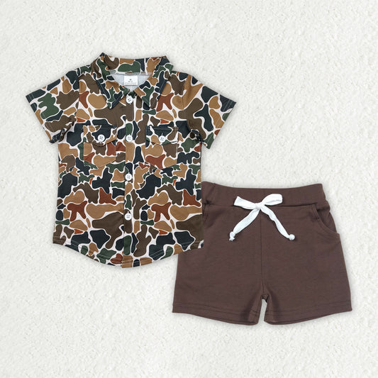 BT1200+SS0134 Baby Boys Brown Camouflage Button Pockets Shirts Top Cotton Shorts Sets 4.16