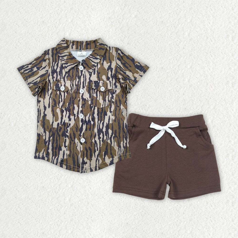 BT1201+SS0134 Baby Boys Bottomland Camo Button Pockets Shirts Top Brown Cotton Shorts Sets 4.16