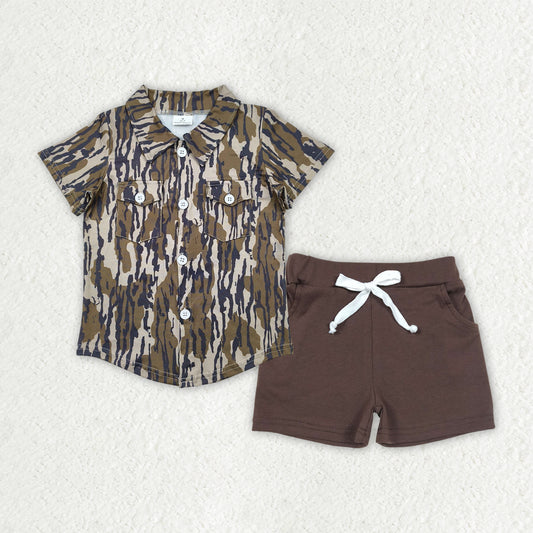 BT1201+SS0134 Baby Boys Bottomland Camo Button Pockets Shirts Top Brown Cotton Shorts Sets 4.16